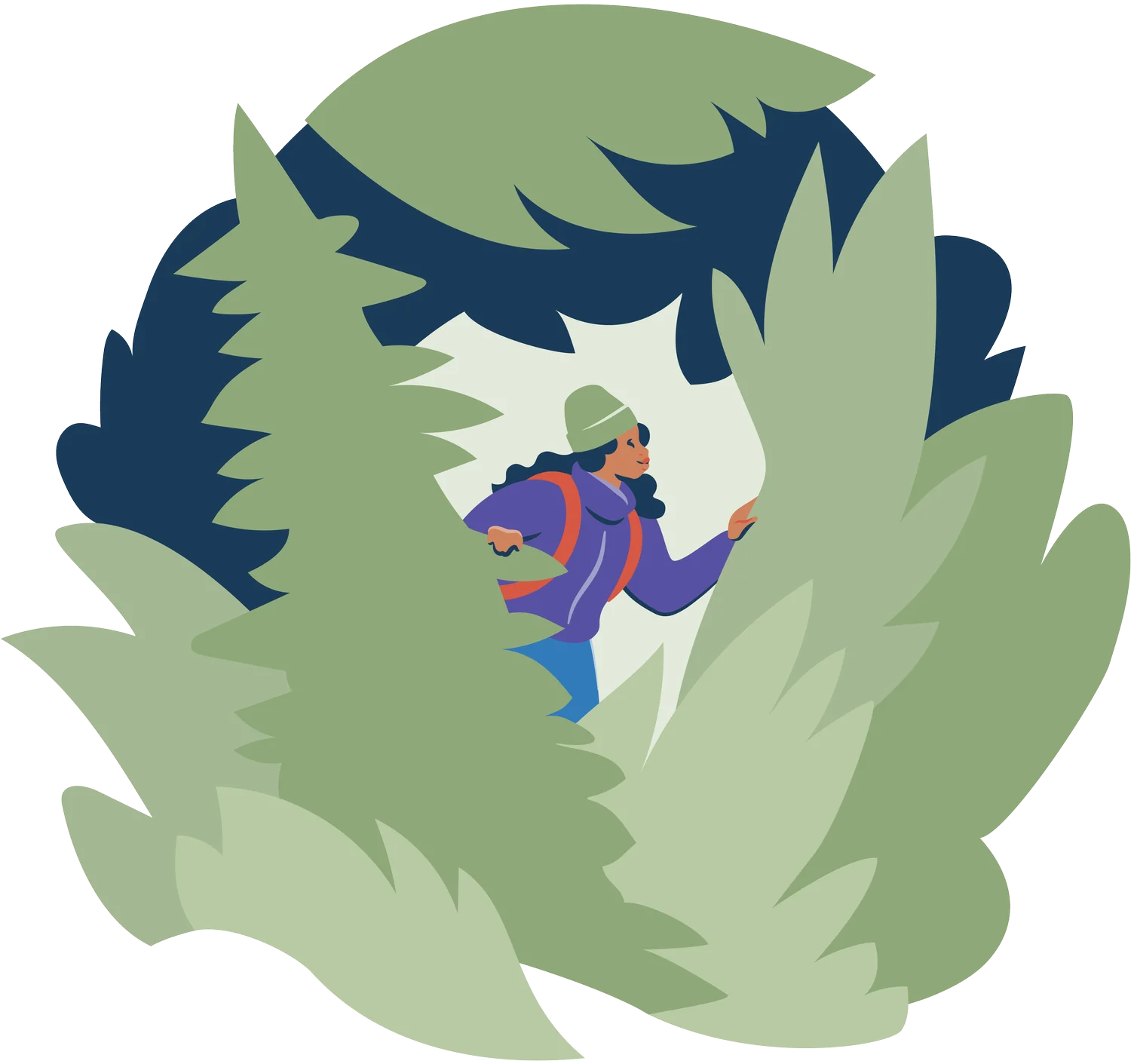 Illustration of Hero Girl pushing through large sage-green and navy leaves.