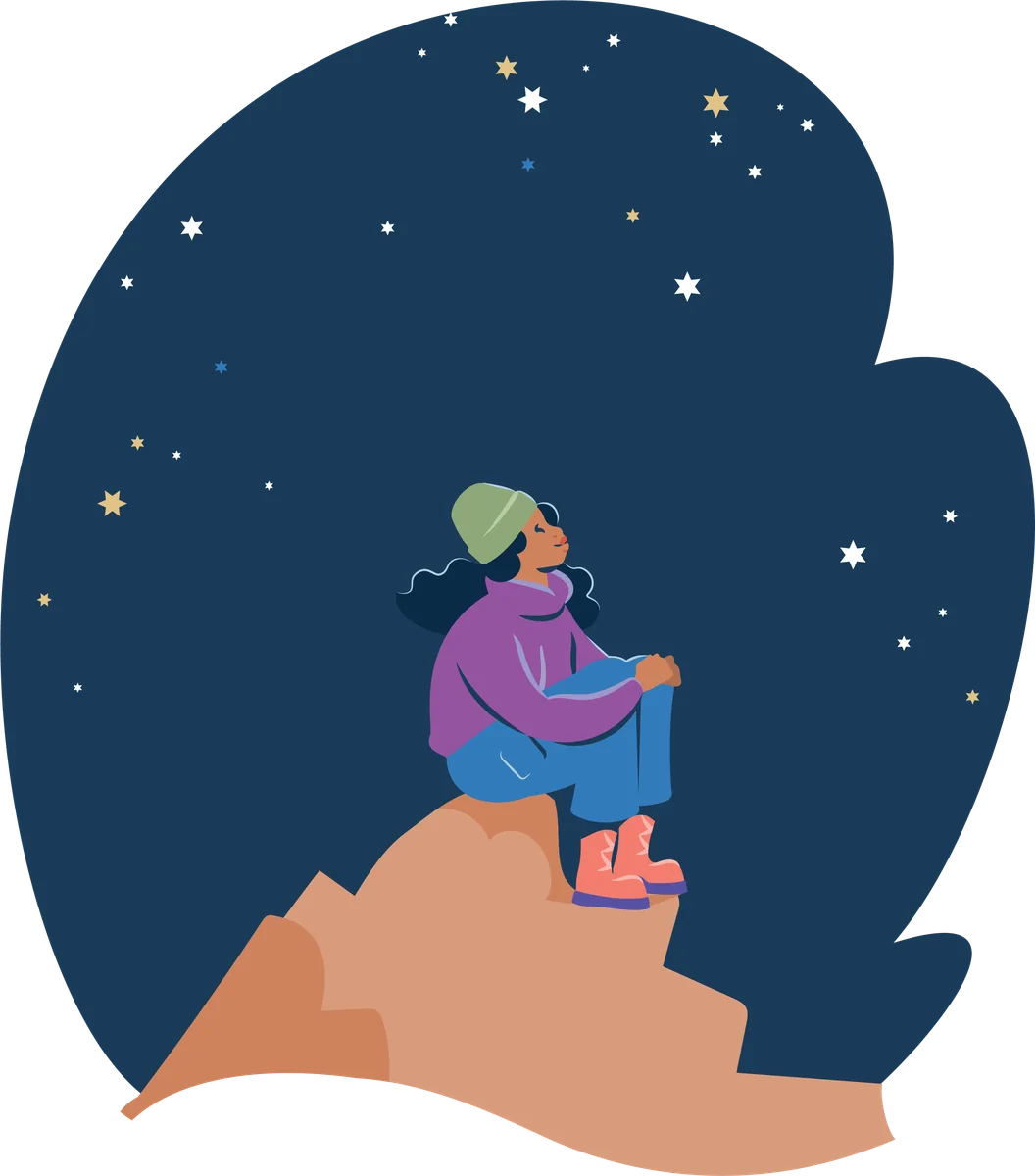 Illustration of Hero Girl sitting on a terracotta rock under a starry night sky.